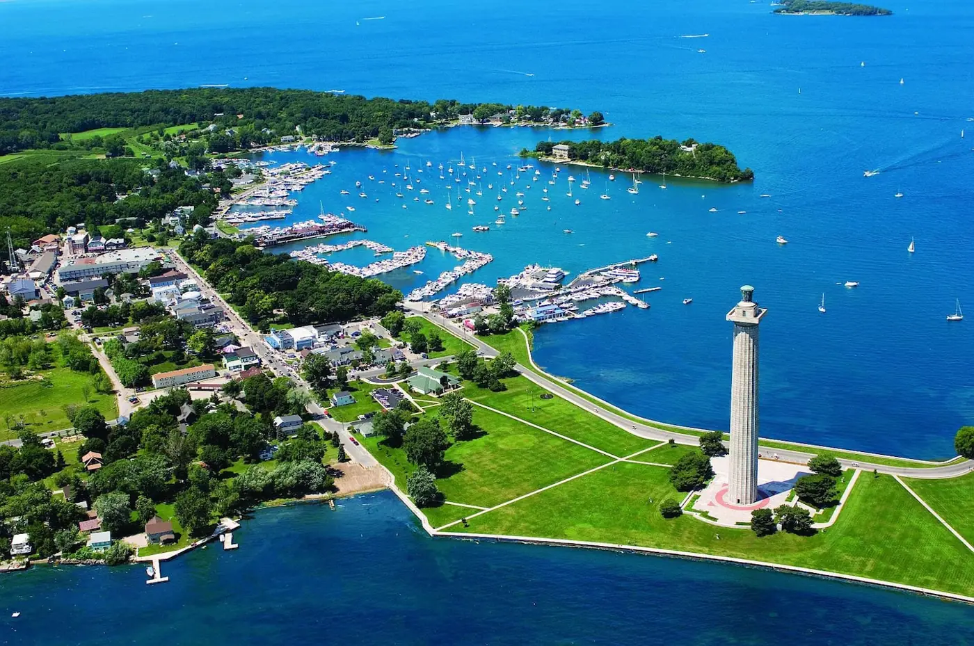 Aerial view of Put-in-Bay harbor and Perry’s Monument on South Bass Island